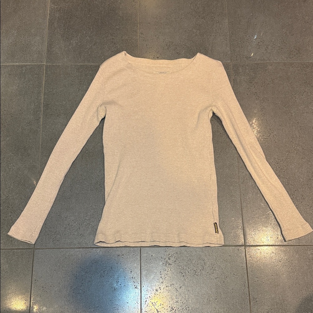 ✨ Vintage 90s Armani Jeans Ribbed Long Sleeve Top – Beige – Size M (25” Length)✨